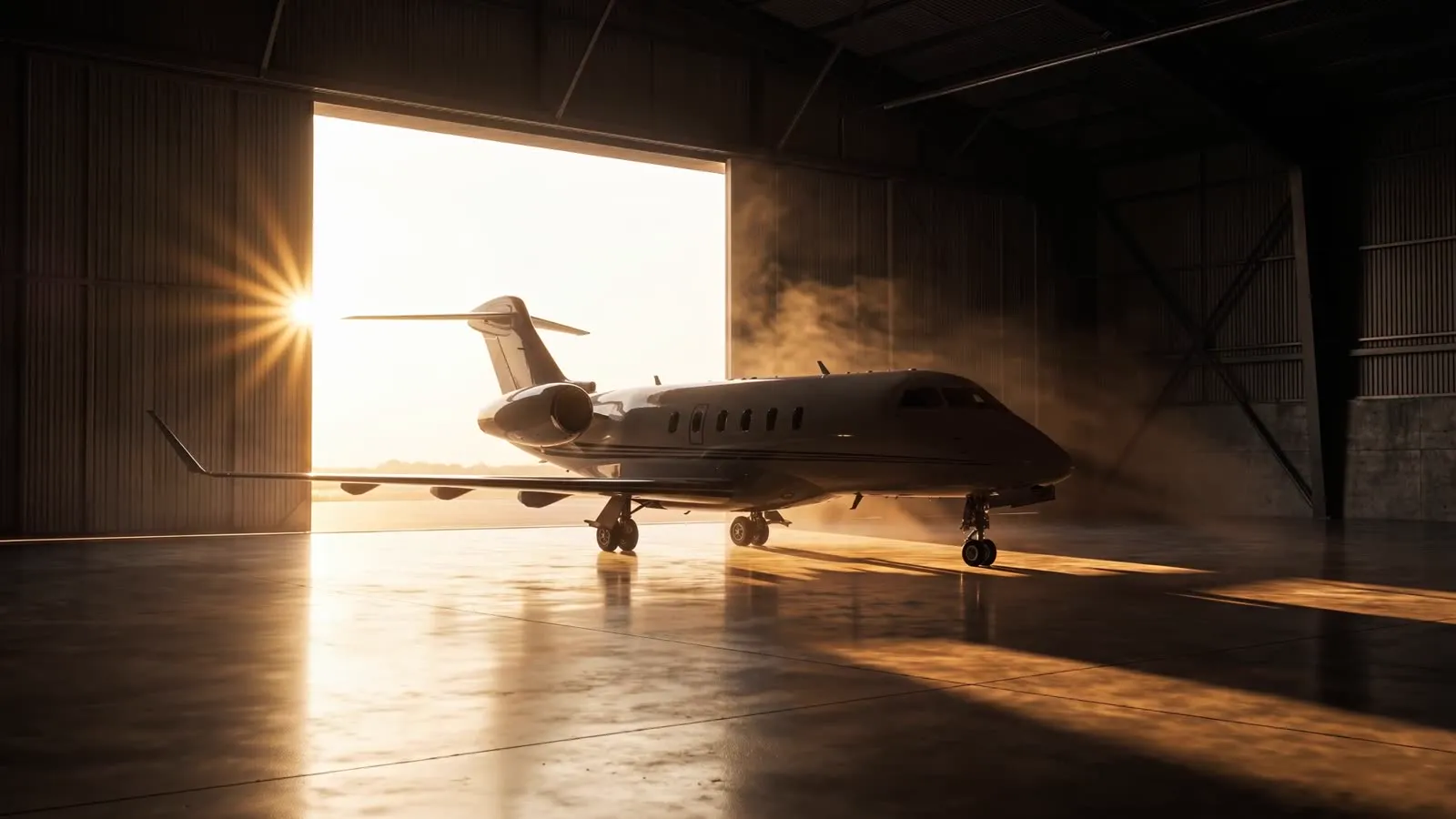 Private jet silhouetted in a hangar at golden hour