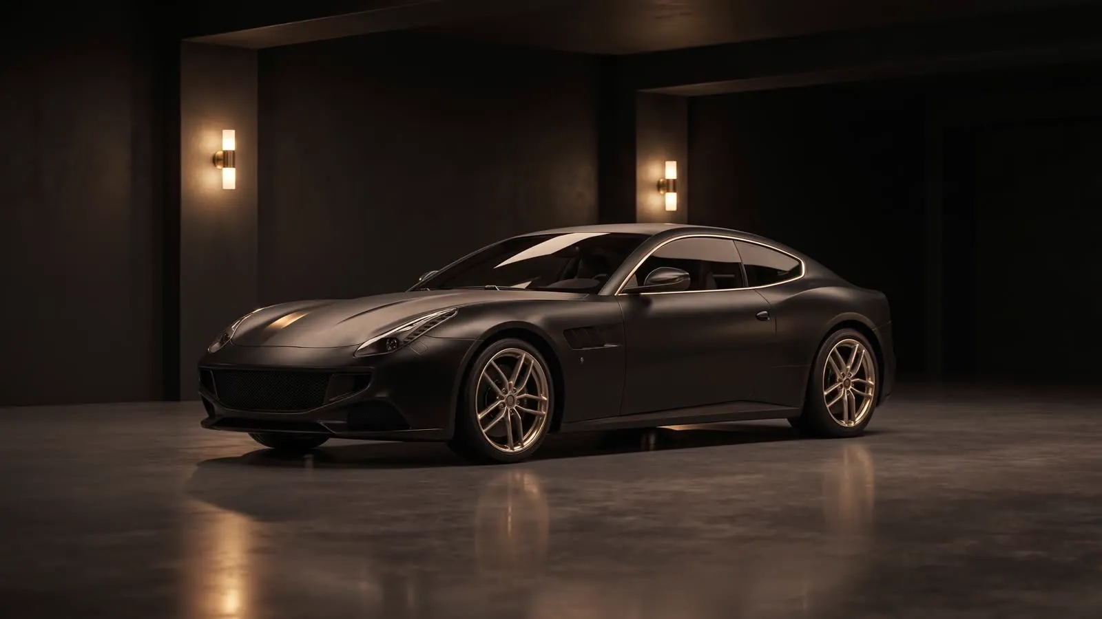 Matte-black grand touring coupe in a dark private garage