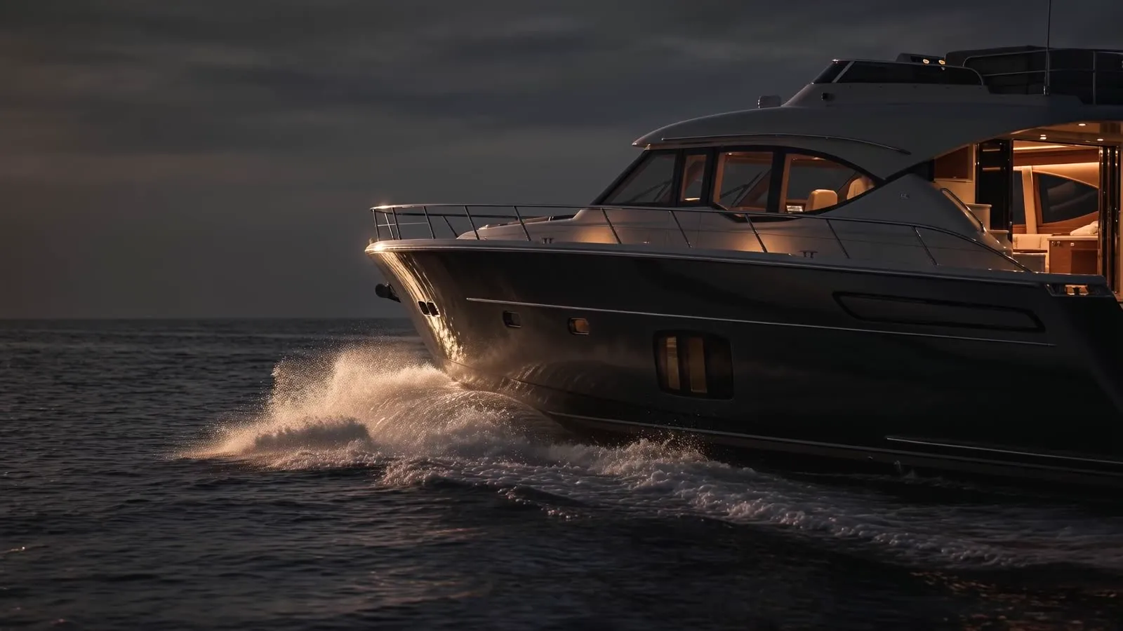 Motor yacht cutting through dark water at dusk