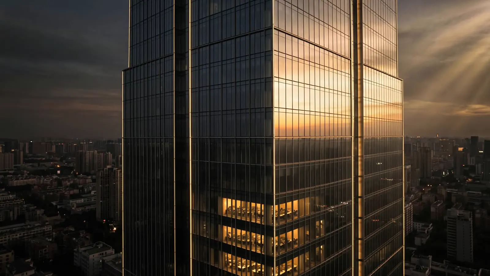 Commercial glass tower at dusk with warm office lights